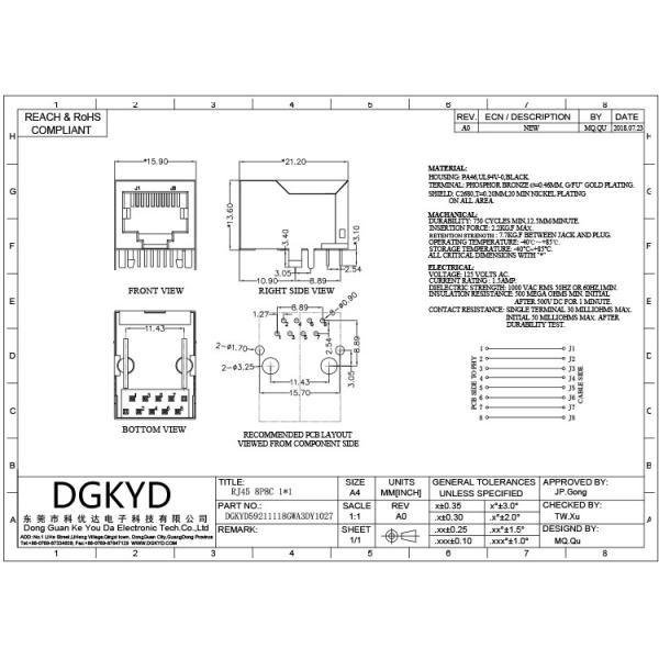 DGKYD59211118GWA3DY1027 одноячеистый RJ45 соединитель, отсутствие света, отсутствие крыльев, 8P8C, отсутствие фильтра, сетевого интерфейса