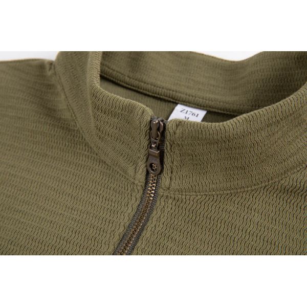 Olive Green Zip-up Sweatshirt with Ribbed Knit Texture and 50% Cotton 50% Polyester Blend