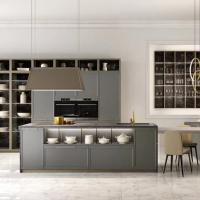 Armário de cozinha de melamina modular moderno personalizado com ilha Matt Quartz Armários de cozinha de madeira laqueados cinza