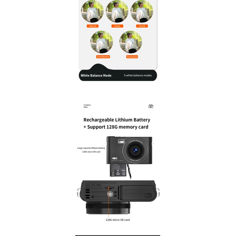 Newest HD 4K Digital Camera 3.0'' IPS Touch Screen with Flash Light and MP3 Function Student Camera for Photography