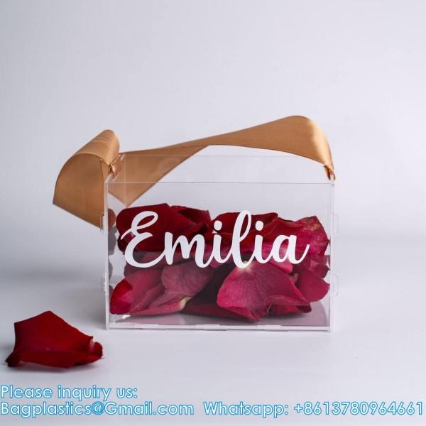 Clear Flower Girl Basket For Wedding - Acrylic Wedding Basket Decoration, Customized Name,Handle With Silk Ribbon