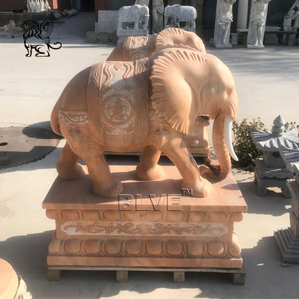 BLVE Natural Stone Marble Life Size Elephant Statue Sunset Red Chinese Fengshui Animal Sculpture Garden Decoration