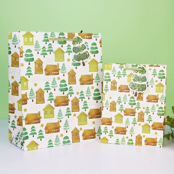 Holiday Paper Gift Bags with Handles and Foil Stamped Merry Christmas Print
