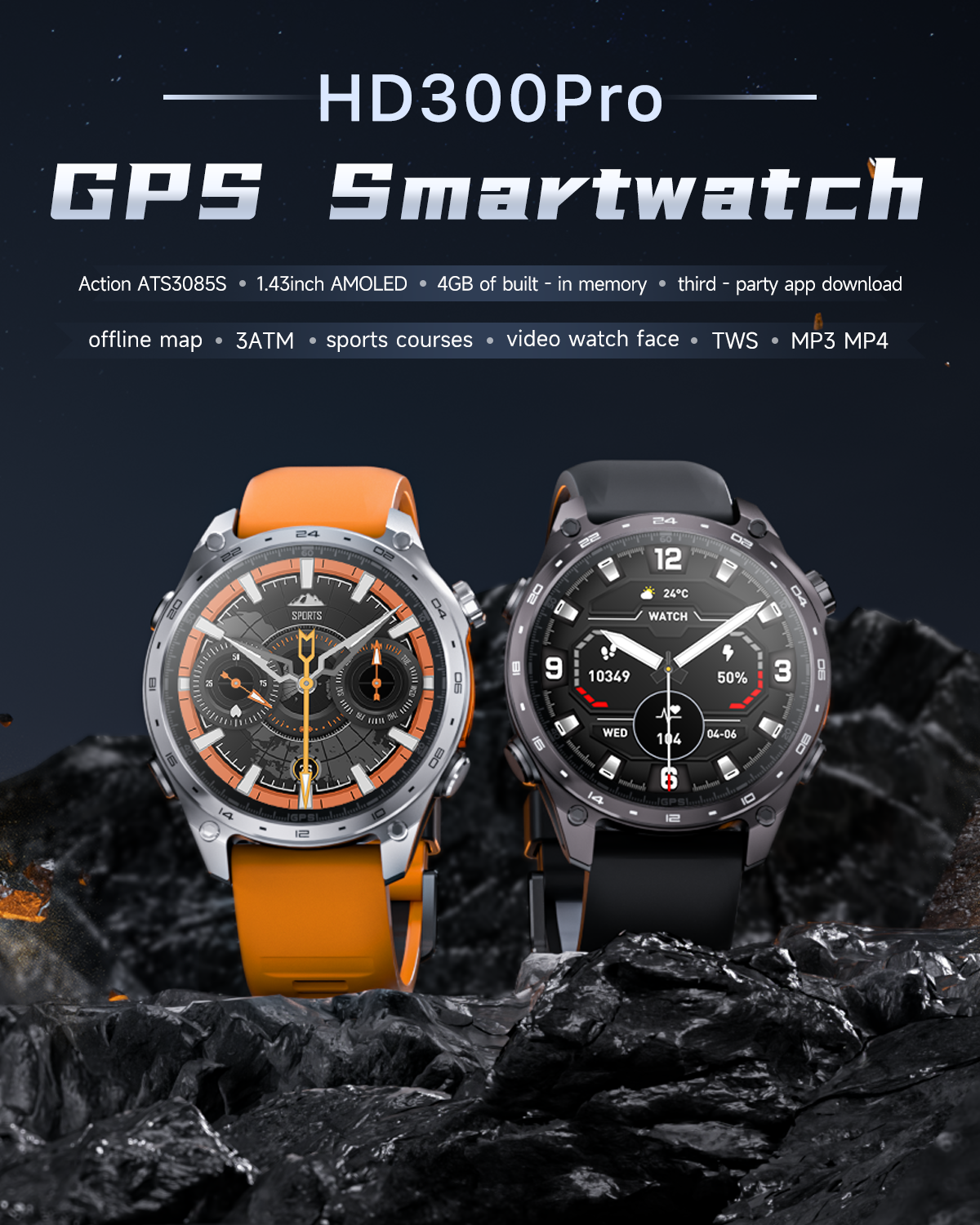 HD300 Pro Offline Map GPS Smart Watch WhatsApp Replay APP Download 1.43inch AMOLED Screen 4GB Memory Waterproof 3ATM Smartwatch
