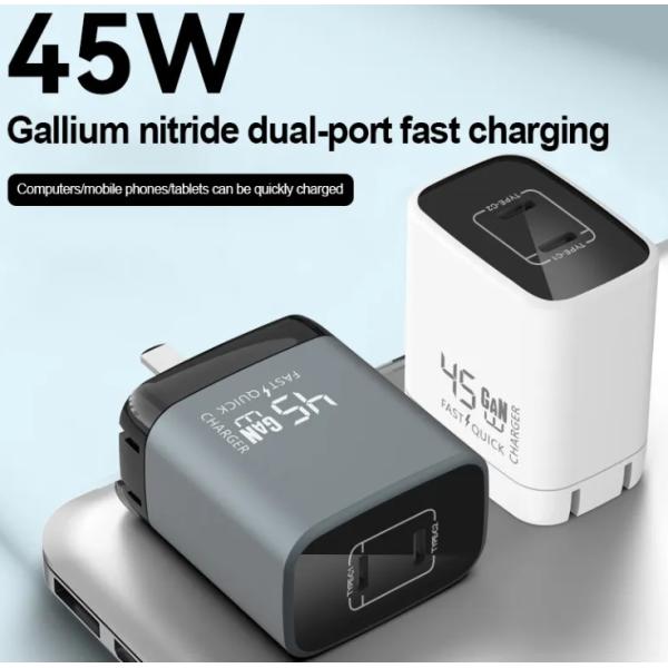 Smart 2 Port USB C GaN Charger ABS PD 45W Fast Charging Adapter customized