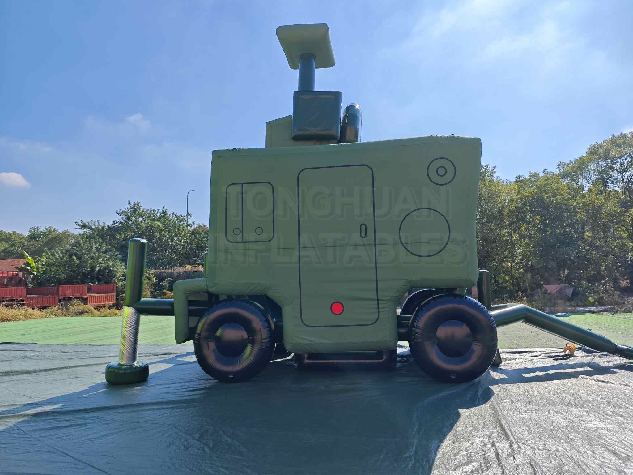 Custom Inflatable Radar Trailer Replica with Raised Antenna Mast Box Body Wheels and Tow Bar for Training Display Exhibition and Outdoor Simulation Projects
