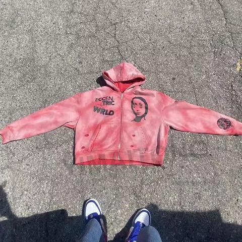 Men's Vintage Acid Wash Sun Faded Distressed Hoodie with Big Hood and Zip Up French Terry Streetwear