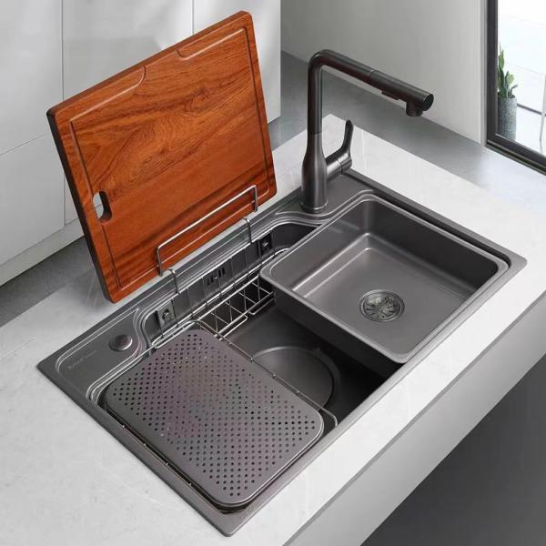 Smart Digital Display Stainless Steel Pull Out Waterfall Faucet for Grey Square Bowl Shape Sink