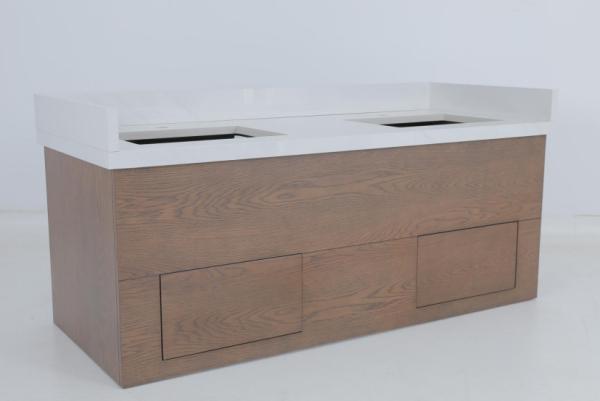 Commercial Hotel Oak Veneer Stained Bathroom Vanity With Wood Console