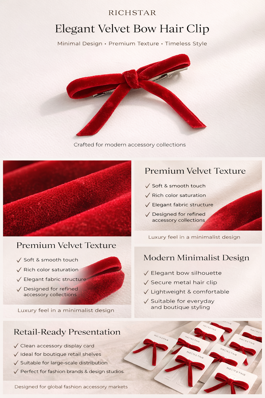 Velvet Bow Hair Clip – Elegant Minimalist Hair Accessory with Premium Velvet and Secure Metal Clip