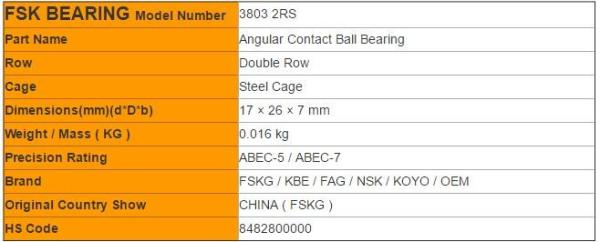 Small Size 3803 2RS , 3803 ZZ Double Row Ball Beaing High Speed 17 × 26 × 7 mm