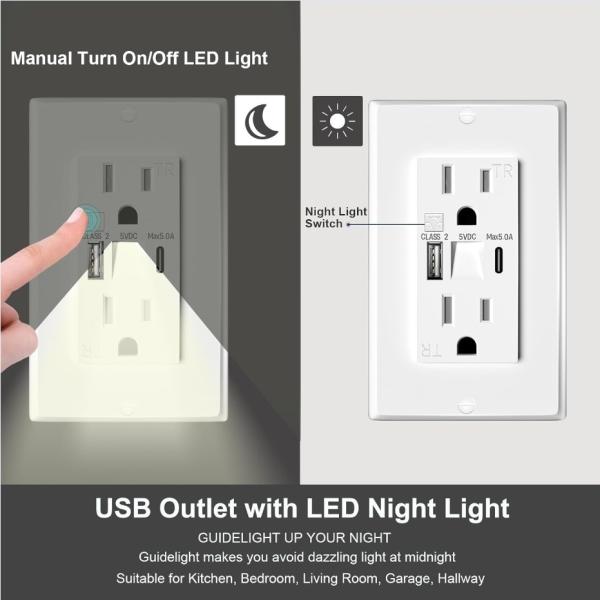 Plastic USB Power Outlets 15A 125V Power Outlet With Night Light