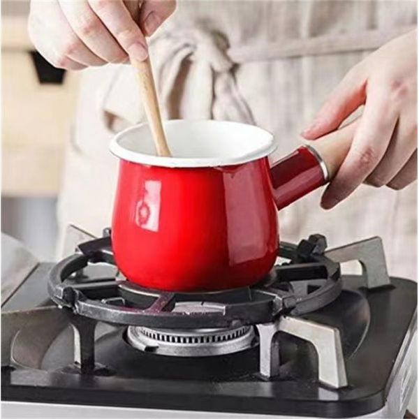 Mini Pot Enamel Steel Milk Pan Baby Food Cooking Pot with Wooden Handle