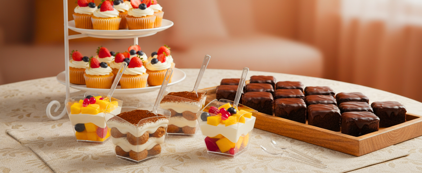 4 Oz Square Plastic Dessert Cups With Spoons, Clear Parfait Appetizer Cups, Mini Party Trifle Shooter Serving Cup For Mousse, Puddings, Cocktails Appetizers Fruit