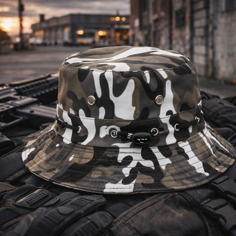 Camouflage Bucket Hat – Tactical Boonie Hat with Adjustable Chin Strap | Outdoor Fishing & Hunting Sun Hat | Custom Bucket Hat