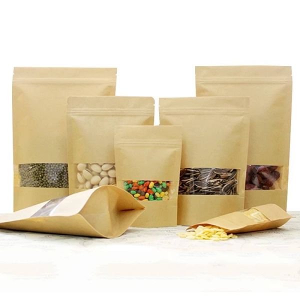 Space Saving Convenience Resealable Ziplock Front Window Stand-Up Smell Proof Plastic Kraft Paper Bag