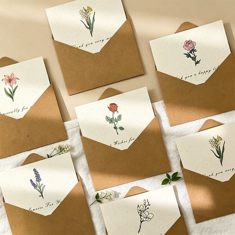 Vintage Floral Printed Thank You Cards With Brown Kraft Paper Envelopes