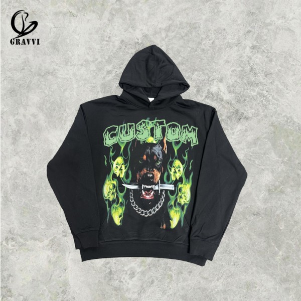 Flame Dog Graphic Vintage Hoodies Hip Hop Pullover Oversized Hooded Sweatshirt