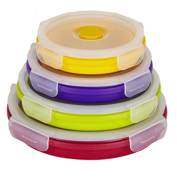4 Size Hot Selling Wholesale Microwavable Safe Leakproof Easy Clean Silicone Foldable Round Lunch Box Set