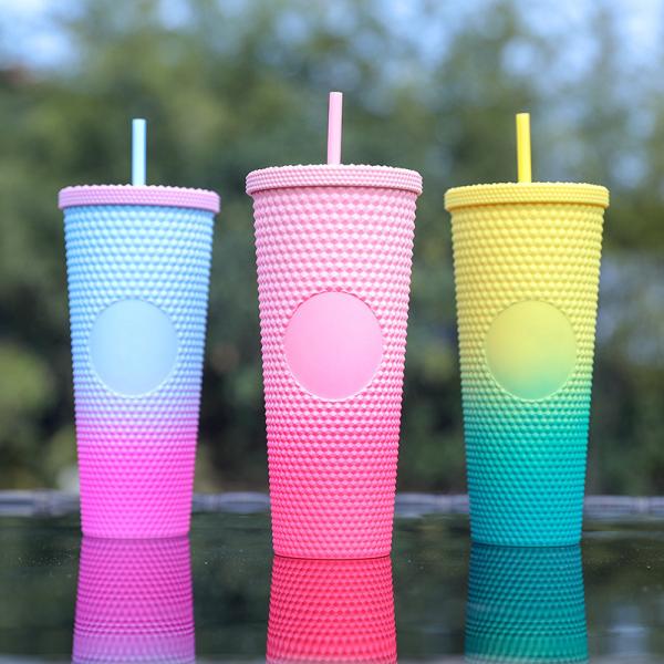 Tumbler con tapa y paja reutilizable de plástico copa acrílica de doble pared iridescente de viaje tumbler para el café helado agua fría batido boca ancha prueba de derrames