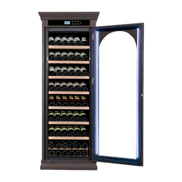 Dark Brown Solid Wood Freestanding Wine Cooler Cabinet with Arched Glass Door and Digital Control Panel