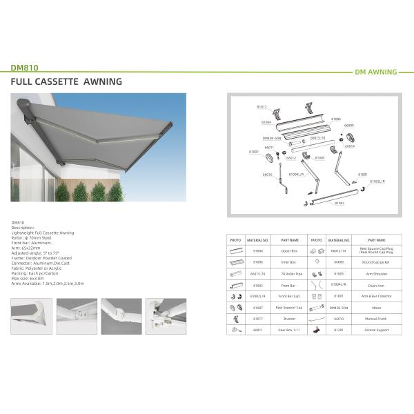 High Quality Aluminum Retractable Awning Steel Folding Arms for Full Cassette Awning