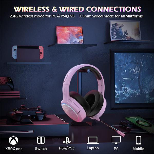 2.4ghz Pink Wireless Gaming Headset For PC Cord Length 2.2M Audio Jack USB