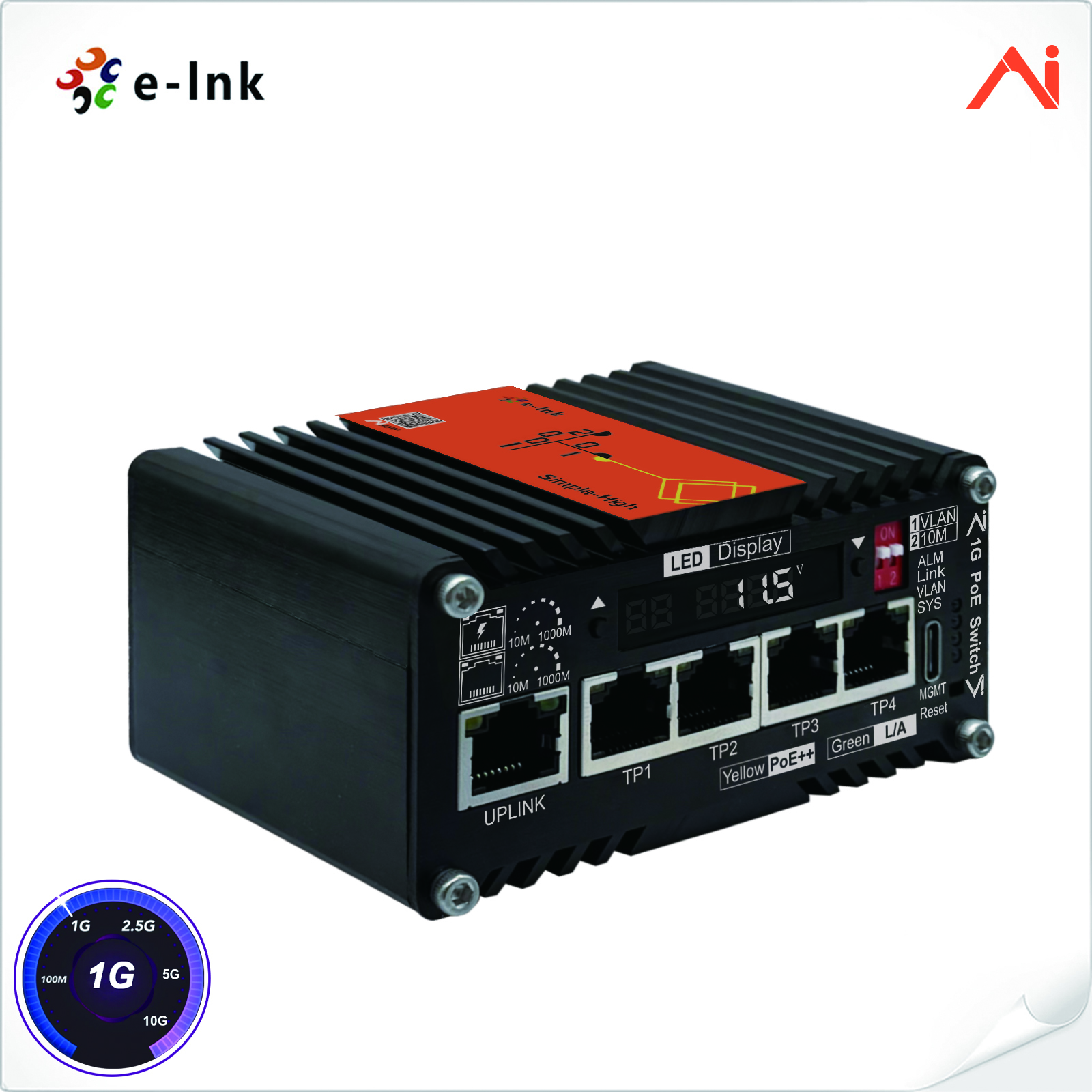 4-Port 10/100/1000Base-T IEEE802.3at PoE+ 30W to 1-Port 10/100/1000Base-T Uplink Mini Industrial AI Smart Managed PoE+ Ethernet Switch with Voltage Booster System