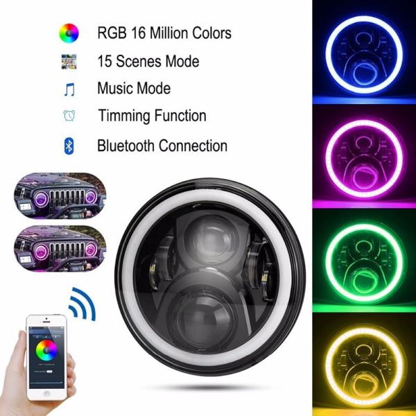 7 Inch Round RGB Halo Car Lights Bluetooth Control Headlights High / Low Beam For Driving Light