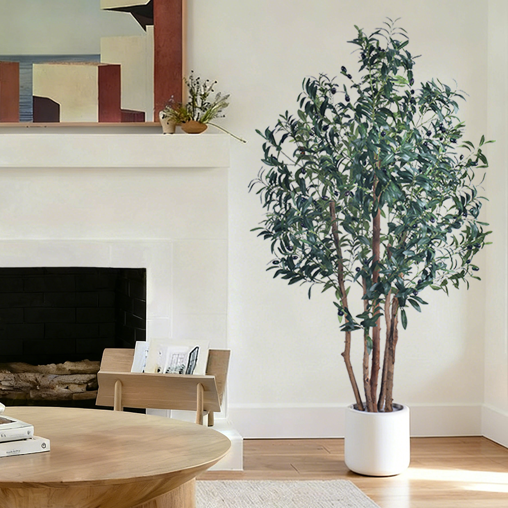 High-End 6FT Faux Olive Tree Indoor Multi Trunk Black Artificial Tree Olive With Natural Wood Trunk For Home Office Mall Decor