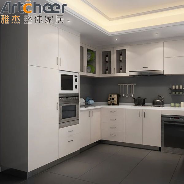 Italian Design L Shape Kitchen Cabinet with PVC Door Finish and Smart Functions