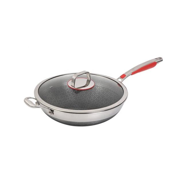Wholesale Honeycomb Non Stick Fry Pan Cooking Pot 18/10 Stainless Steel Wok Pan With Glass Cover