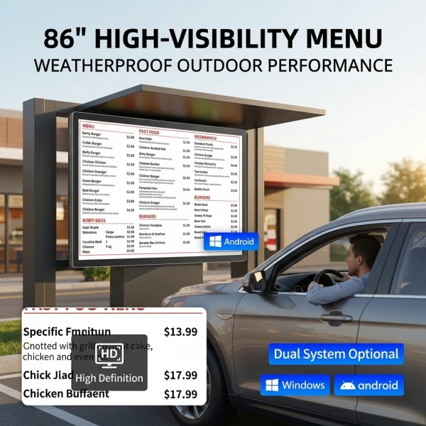 86 Inch Wall Mounted LCD Digital Signage Drive-Thru Menu Display Interactive Capacitive Touch 4K UHD