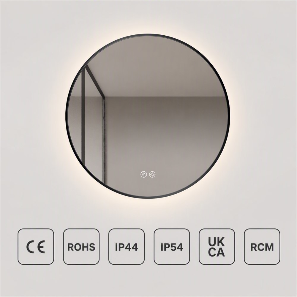 Round Black Stainless Steel LED Mirror with Anti-Fog Dimmable Backlit and 5MM Copper-free Silver Mirror