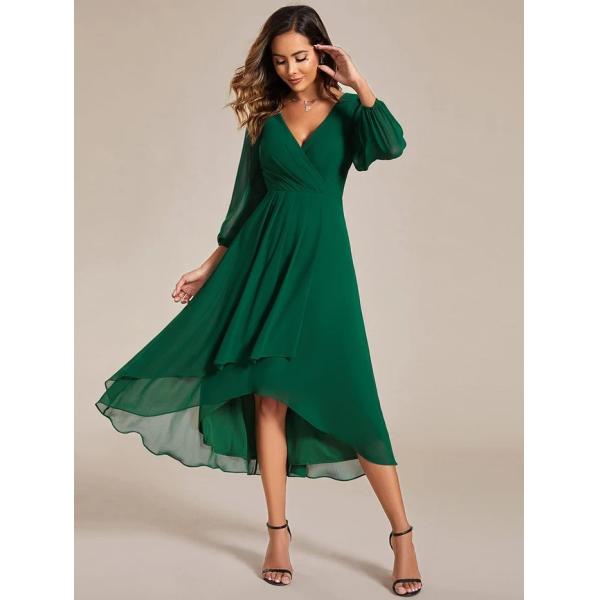 Elegant Empire Long Sleeve V-neck High Low A-line Ruffled Midi Burnt Orange Chiffon Wedding Guest Cocktail Dress