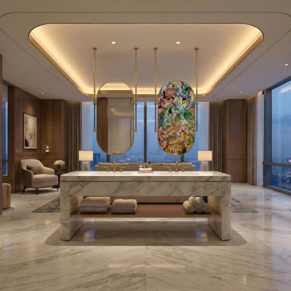 Kingstin Custom Height Ceiling Hanging LED Mirror, Double-Sided Art Decorative Suspended Mirror with Metal Rods, Hotel Projects