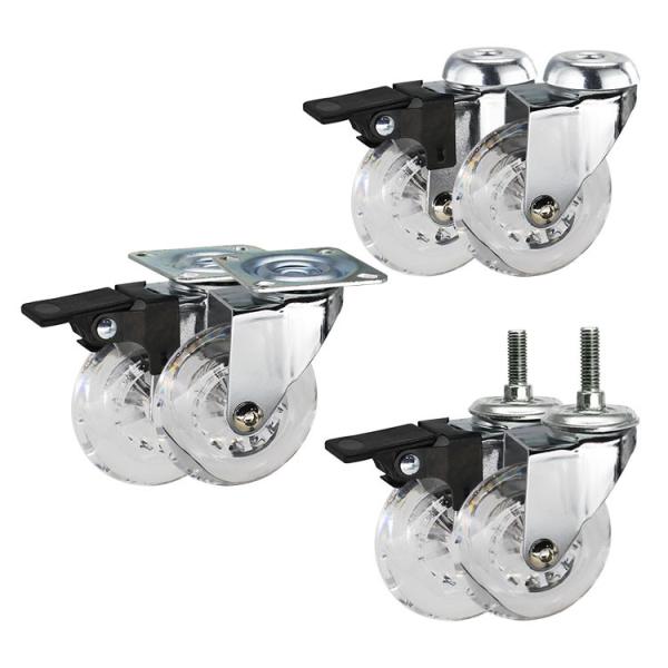 50mm Transparent Furniture Casters For Threaded Stem Chrome Painted Soft Castors Swivel With Lock