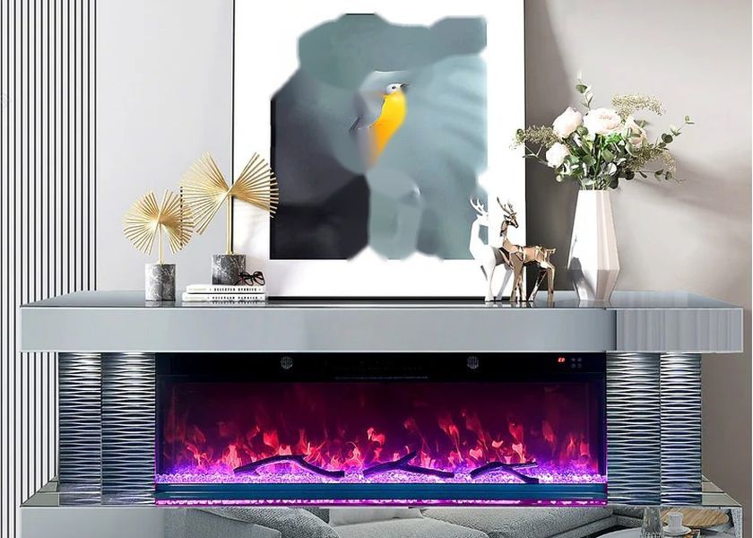 JS-TV05 Smoke Grey Mirrored Glass Electric Fireplace TV Stand with Large 3D LED Flame Display and Extended Mantle Structure