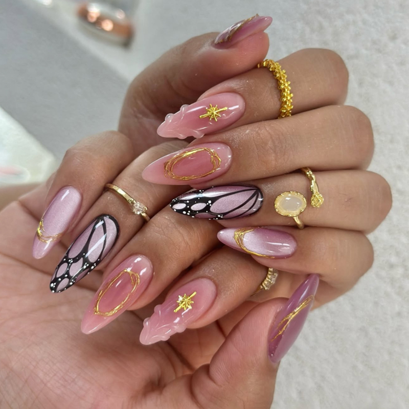 Long Almond Gilded Print Pattern Press On Nails 3D Design
