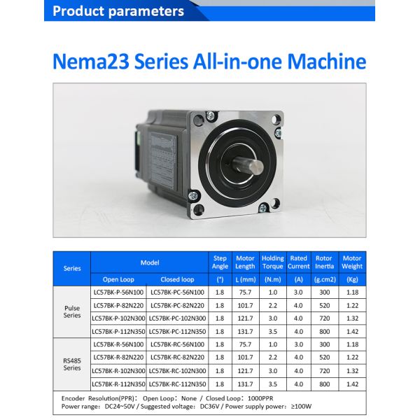 Lichuan Open Loop/Closed Loop Integrated Stepper Motors Driver Pulse/RS485 Control 3.5N.m 2Phase Nema23 DC24~50V 3.0/4.0A 1000PPR