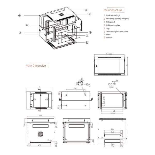 Плоская упаковка 19 дюймовый стенный крепеж шкаф для внутреннего использования стенный стойка