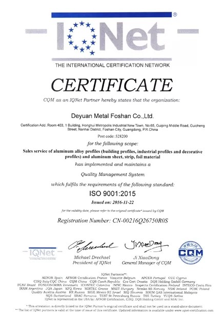 Deyuan Metal Foshan Co.,ltd Сертификации