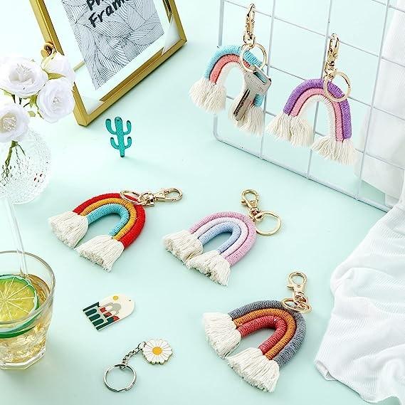 Rainbow Keychain Macrame Weaving Rainbow Tassel Keychains Car Keyring Holder Jewelry for Bag Wallet Purse Women
