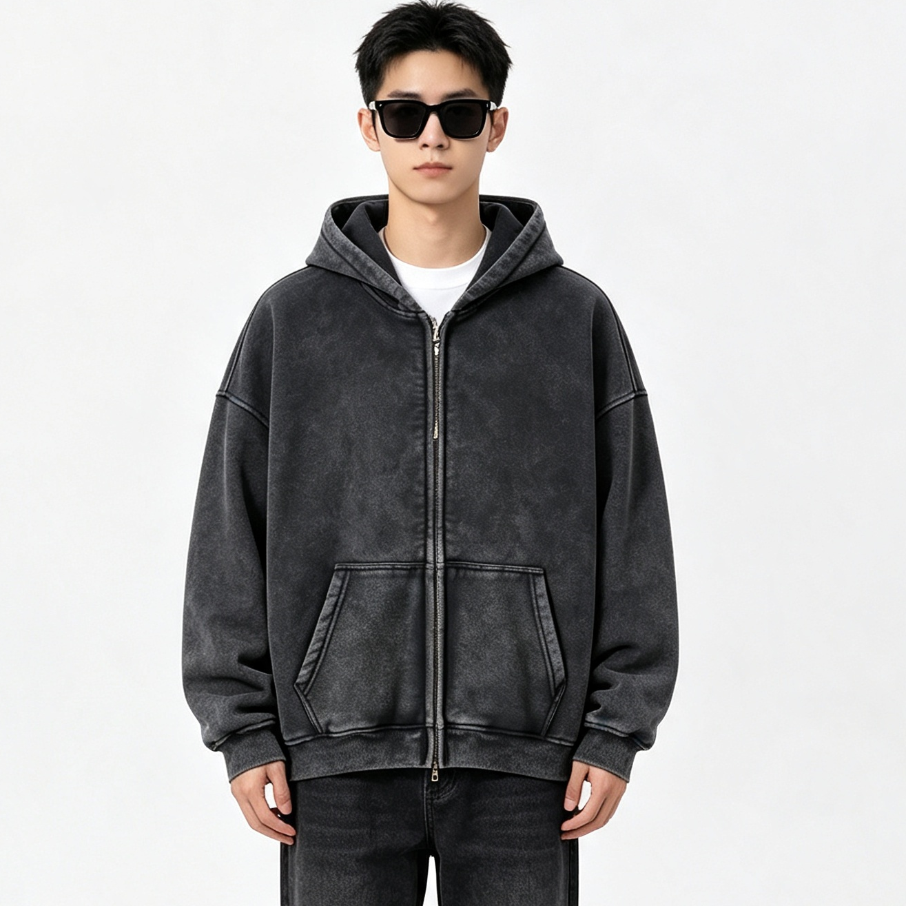 Men’s Vintage Washed Zip-Up Hoodie Oversized Fleece Lined Winter Casual Sweatshirt