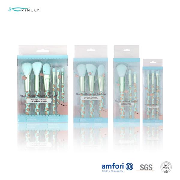 голубые мраморные пластиковые волосы нейлона набора щетки макияжа 6pcs с коробкой PVC упаковывая