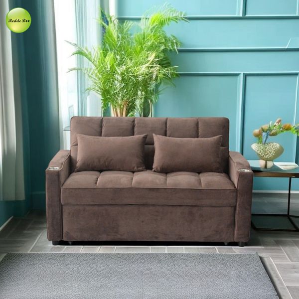 Elegant Velvet Fabric Sofa Bed with USB Charger & Cup Holder 2 Seater Living Room Sofa Convertible Sleeping Pull Out Sofa Bed