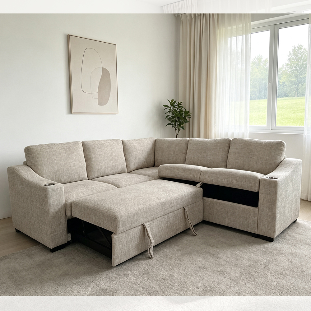 L-Shaped Sectional Sleeper Sofa with Pull Out Bed and Storage Sofa and Cup holders, Taupe Fabric