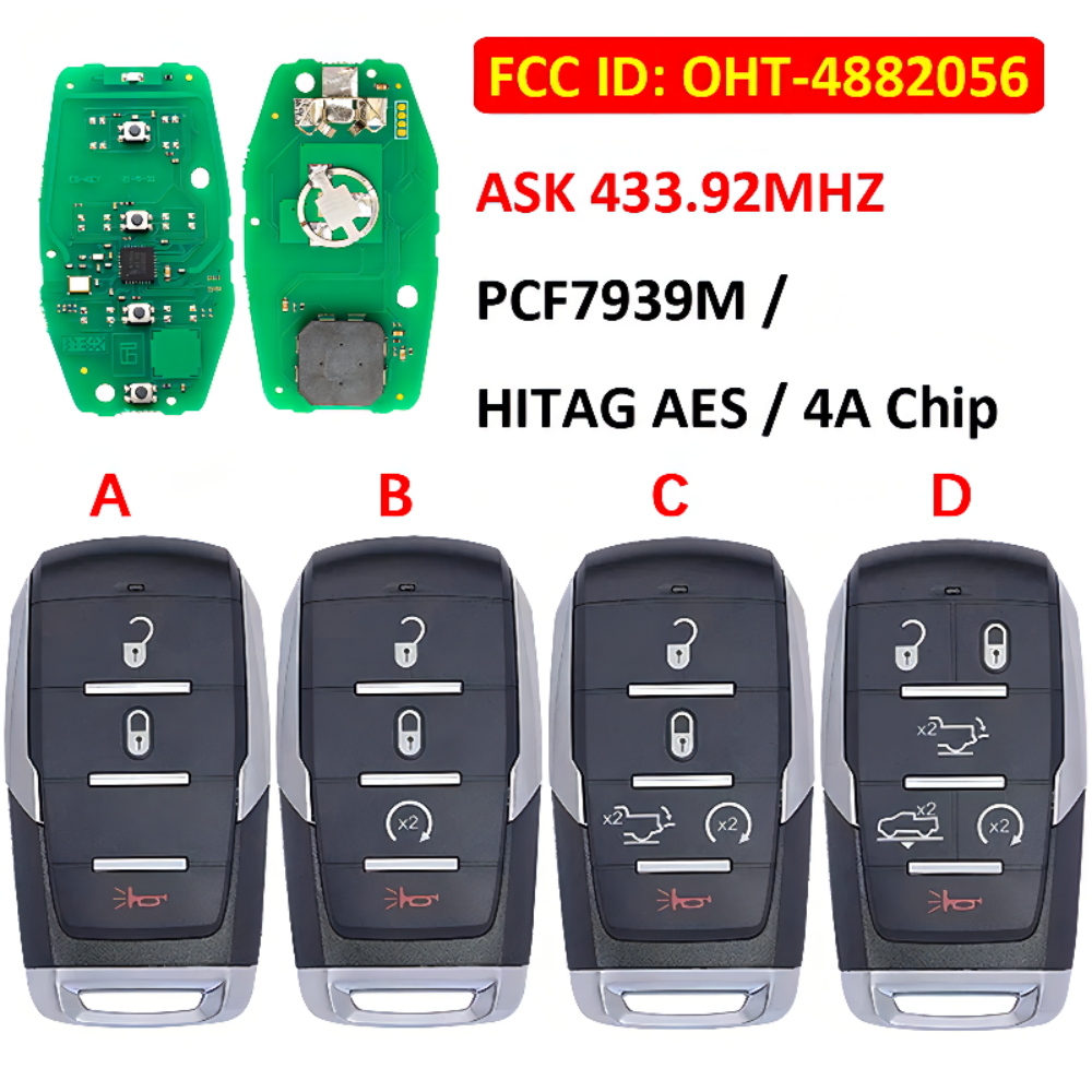 HN010244 2019-2020 RAM 1500 Pickup 5+1 Key ASK433.92 Frequency Smart Remote Key / PCF7939M / HITAG AES / 4A CHIP / FCC ID: OHT-4882056 / CY24