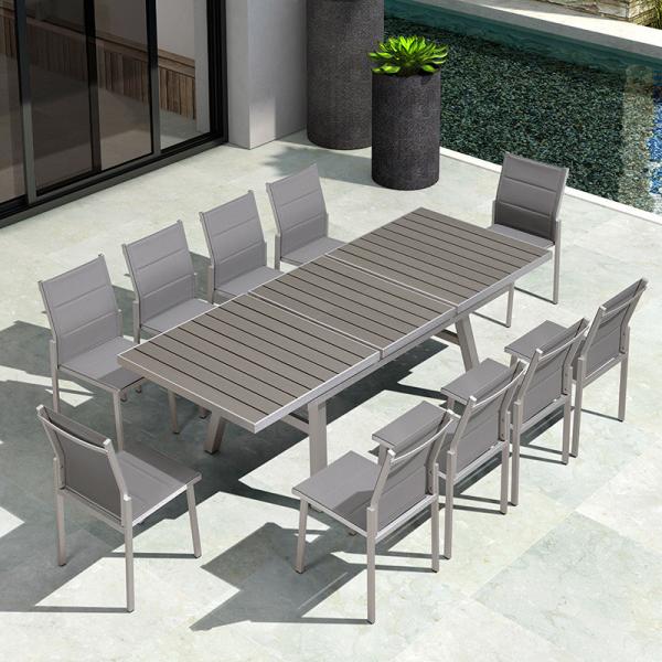 10 Seater Garden Dining Set WPC Table and Brushed Aluminum Chairs for Outdoor Furniture