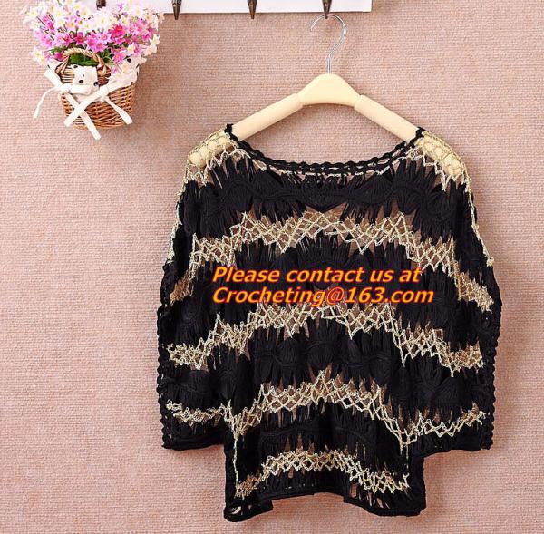 Women Hand Crocheted Batwing Sleeve Sweater, Cover up, pull over, Garment with hat, appare
